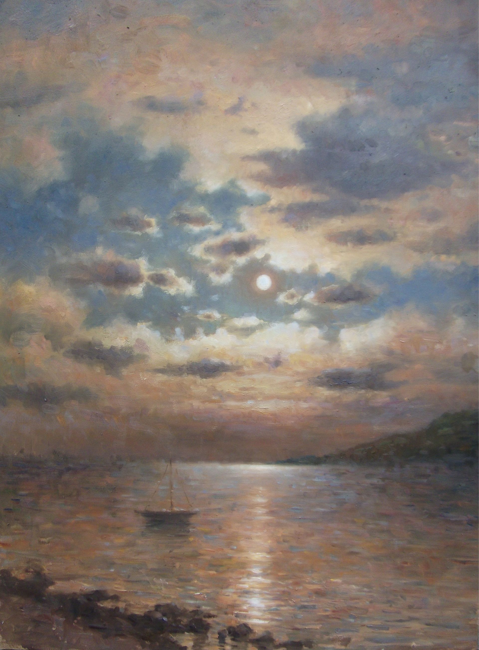A painting of a sunset over a body of water with a boat in the water.